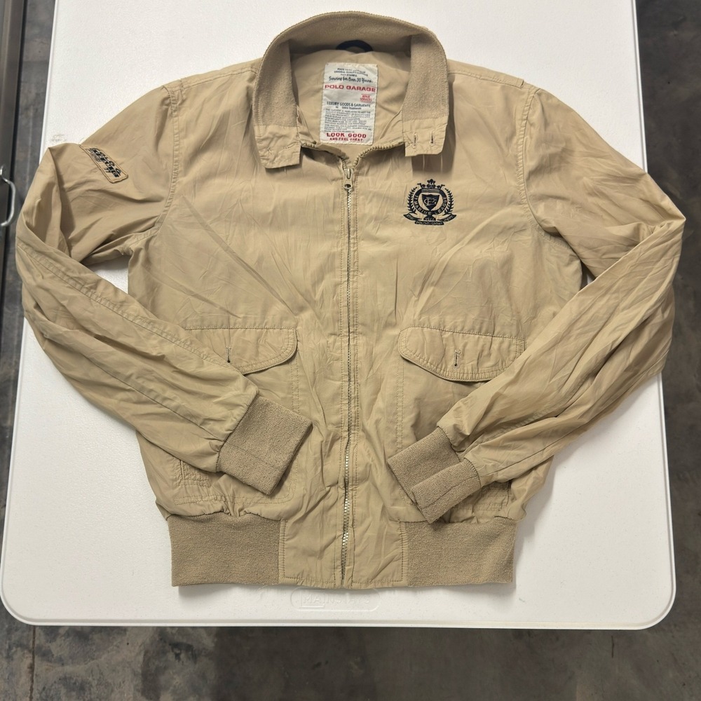 Polo Garage Bomber Jacket Mens M Tan Excellent Harrington Marine League Crest